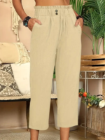 Kadın Bel Büzgü Ve Düğme Detay Kapri Keten Pantolon - Görsel 2