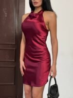 Kadın Halter Yaka Sırt Dekolteli Mini Saten Elbise - Görsel 2