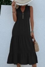 Kadın Askılı V Yakalı önden Düğmeli Midi Viskon Elbise - Görsel 3