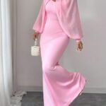 Kadın Balıkçı Yaka İnci Ve Tül Detay Dalgıç Kumaş Maxi Boy Elbise