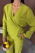 Kruvaze Model Klasik Pantolonlu Çupra Keten Takım 10191 - Görsel 7