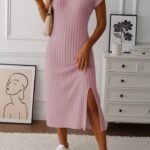 Kadın Kısa Kollu Yakalı Yandan Yırtmaçlı Kalın Fitilli Kaşkorse Elbise