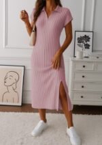 Kadın Kısa Kollu Yakalı Yandan Yırtmaçlı Kalın Fitilli Kaşkorse Elbise