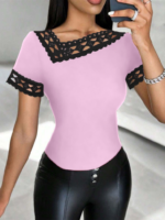 Kadın Kısa Kollu Dantel Yaka Viskon Bluz - Görsel 3