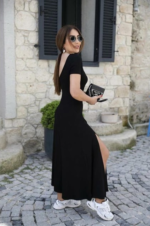 Kadın Kısa Kollu Sırt Dekolteli Yırtmaç Detaylı Viskon Elbise - Görsel 4