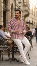 Erkek Dikey Çizgili Yarım Oversize Gömlek - Görsel 3