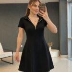 Kadın Kısa Kollu Yakası Fermuarlı Kısa Viskon Iki Iplik Elbise