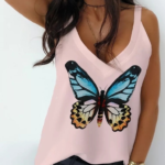 Kadın Kelebek Baskılı Sandy Kumaş Askılı Bluz