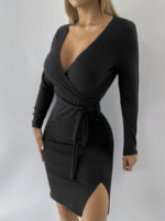 Kadın Uzun Kollu Kruvaze Yaka Bağcık Detay Akrilik Mini Boy Elbise - Görsel 4