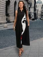 Kadın Sıfır Kol V Yakalı Kadın Yüz Desenli Süprem Elbise - Görsel 3