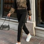 Kadın Uzun Kollu Kapşonlu Leopar Desenli Viskon Iki Iplik Bluz Ve Pantolon Ikili Takım