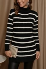 Kadın Uzun Kollu Degaje Yaka çizgili Sonya Iplik Mini Boy Triko Elbise (kemersiz)