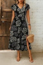 Kadın Kısa Kollu V Yakalı Desenli Yandan Yırtmaçlı Süprem Elbise - Görsel 2