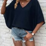 Kadın Kısa Kollu V Yakalı Salaş Viskon Bluz