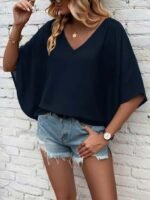 Kadın Kısa Kollu V Yakalı Salaş Viskon Bluz
