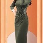 Kadın Uzun Kollu Bot Yaka Yanı Taş Detaylı Midi Kadife Elbise