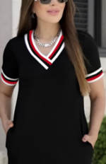 Kadın Kısa Kollu V Yaka Ribana Detay Midiboy Viskon Elbise - Görsel 2