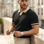 Erkek Renkli Yakalı File Desenli Kısa Kollu Tişört