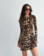 Kadın Uzun Kollu Sırtı Açık Bağlamalı Leopar Desenli Kısa Dalgıç Elbise - Görsel 8