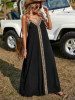 Kadın Askılı V Yakalı Etnik şerit Detaylı Uzun Viskon Elbise - Görsel 3