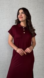 Kadın Kısa Kollu Yakalı Yandan Yırtmaçlı Viskon Iki Iplik Elbise - Görsel 2