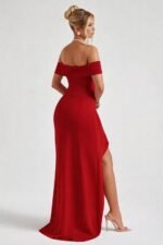 Kadın Madonna Yaka Pileli Derin Yırtmaçlı Uzun Ithal Krep Elbise - Görsel 4