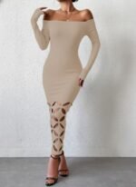 Kadın Madonna Yaka Uzun Kollu Lazer çiçek Kesim Detaylı Uzun Ithal Krep Elbise - Görsel 2