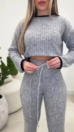 Kadın Uzun Kollu Bisiklet Yaka Kısa Trıko Bluz Ve Pantolon Ikili Takım - Görsel 3