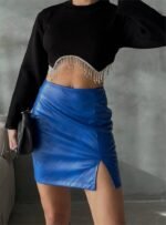 KAPİTONE DERİ ETEK YIRTMAÇLI - Saks - Görsel 3