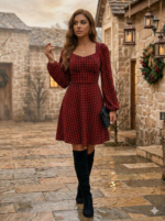 Kadın Uzun Kollu Kare Kalp Yakalı Mini Modal Elbise - Görsel 2