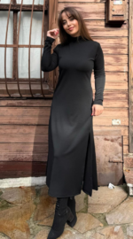 Kadın Uzun Kollu Balıkçı Yaka Derin Yırtmaç Detay Krep Elbise - Görsel 13