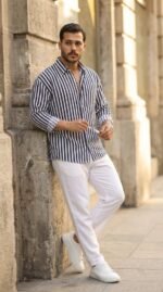 Erkek Dikey Çizgili Yarım Oversize Gömlek - Görsel 5