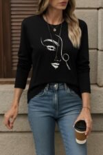 Kadın Uzun Kollu Bisiklet Yaka Yüz Desenli Viskon Bluz - Görsel 3