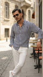 Erkek Dikey Çizgili Yarım Oversize Gömlek - Görsel 3