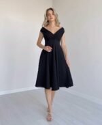 Kadın Kısa Kollu Kruvaze Yaka Eteği Volanlı Krep Elbise - Görsel 2