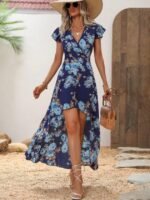 Kadın Kısa Kollu Kruvaze Yakalı önü Asimetrik Detaylı Uzun çiçek Desenli Süprem Elbise - Görsel 3