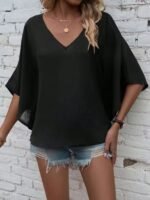 Kadın Kısa Kollu V Yakalı Salaş Viskon Bluz - Görsel 4