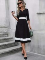 Kadın Truvakar Kol V Yakalı Janjan Krep Midi Elbise - Görsel 2