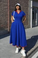 Kadın Kısa Kollu V Yakalı Pileli Uzun Janjan Krep Elbise - Görsel 2