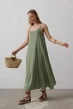 Askılı Uzun Çan Elbise - Haki - Görsel 4