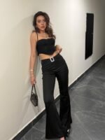 Kadın Yüksek Bel Tokalı Ispanyol Paçalı Dalgıç Pantolon - Görsel 3