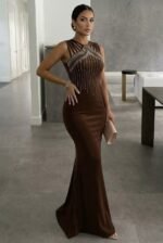 Kadın Omuz çoklu Askılı önü Taş Işlemeli Balık Kesim Janjan Krep Maxi Boy Elbise - Görsel 3