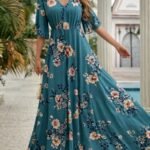 Kadın Kısa Kollu V Yakalı Desenli Süprem Elbise