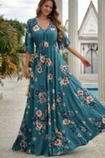 Kadın Kısa Kollu V Yakalı Desenli Süprem Elbise