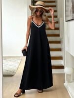 Kadın Ip Askılı V şerit Yakalı Uzun Viskon Elbise - Görsel 2