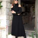 Kadın Balıkçı Yaka Omuzlardan Açık Uzun Kollu Janjan Krep Elbise