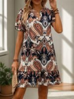 Kadın Kısa Kollu V Yakalı Desenli Kısa Süprem Elbise - Görsel 5