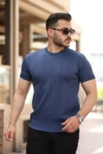 Erkek Ince çizgi Dokulu Bisiklet Yaka Kısa Kollu T-shirt