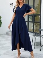 Kadın Kısa Kollu Kruvaze Yakalı ön Asimetrik Volanlı Uzun Ithal Krep Elbise - Görsel 3