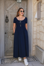 Kadın Kısa Kollu Yuvarlak Yaka önden Yırtmaçlı Cepli Viskon Uzun Elbise - Görsel 3